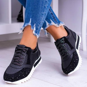 Ladies Casual Lace-Up Shine Crystal Platform Sneakers