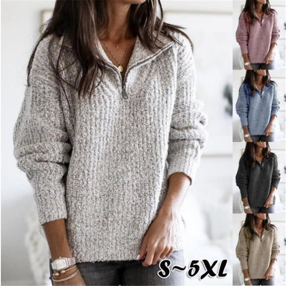 Women Zip Turn Down Collar Long Sleeve Solid Pullover