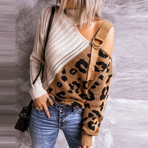 Women Pullover Tops Knitted Leopard Sweater Jumper