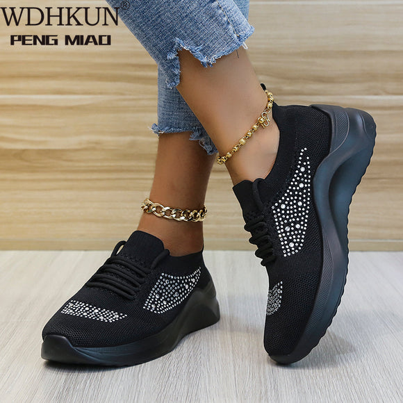 Mesh Crystal Lace-Up Solid Flat Female Sneakers