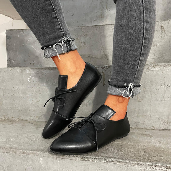 Lace-Up Faux Leather Shallow Flat Women Shoes
