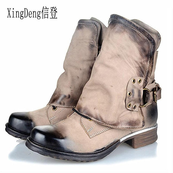 Women Buckle Rivets Turnup Ankle Boots