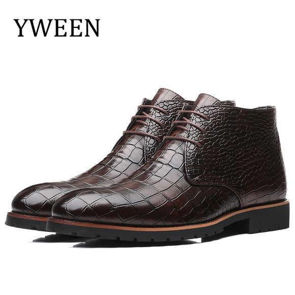 Men's Shoes - Lace-up Crocodile Pattern Leather Boots