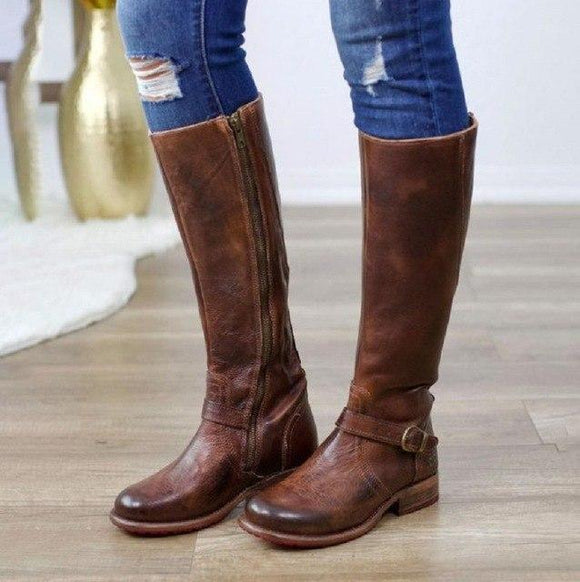 Women Vintage Leather Buckle Knee High Riding Boots
