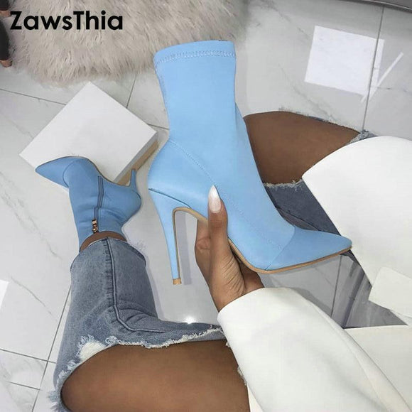 Women Shoes - Women Lycra Pointed Toe Elastic High Boots