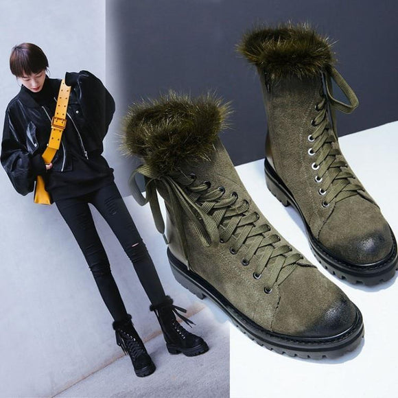 Women Shoes - Lace up wool fur warm winter short plush women martin boots