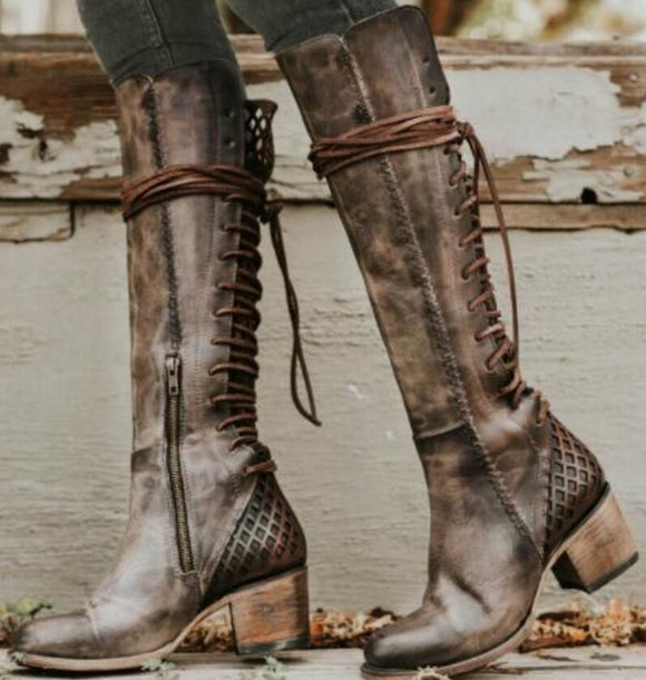 Women's Shoes - Vintage Knee High Lace Up Boots
